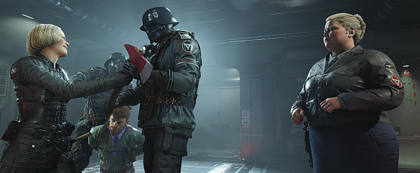 Die üble Gegenspielerin Frau Engel (l.) zwingt ihre Tochter, einen unserer Mitstreiter zu enthaupten. In solchen Momenten emotionaler Angst wird das ansonsten überzeichnete Spiel ernst. - © Bethesda Softworks/Machine Games