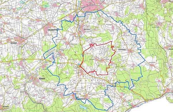 Die Karte zeigt den Sperrbezirk (rot) und das Beobachtungsgebiet (blau). - © Kreis Paderborn