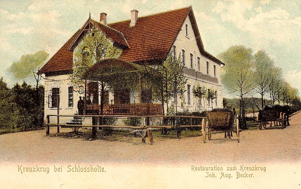 Der Kreuzkrug (heute "Moe’s Diner") lag auf Schloß Holter Gebiet direkt vor der lippischen Grenze. Die farbige Postkarte zeigt den Krug um 1910. - © Repro: Horst Biere/Quelle: Heimatwerkstatt Lipperreihe