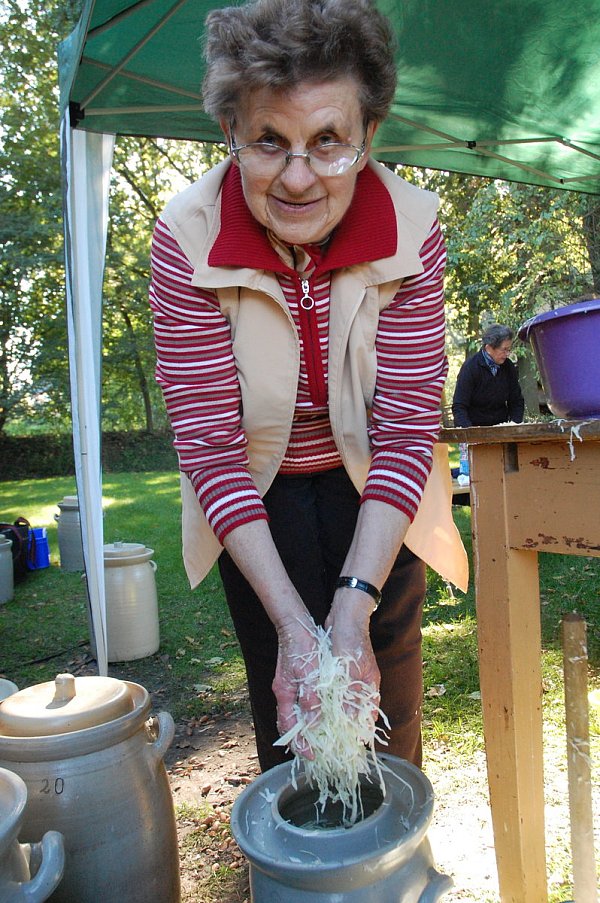 So wird?s Sauerkraut: Der Weißkohl kommt in einen Steintopf. - © Klaus Frensing
