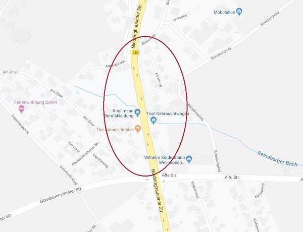 Gesperrt wird die Straße in diesem Bereich. - © Screenshot Google Maps