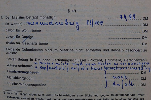 Einer der ersten Mietverträge, 74,88 D-Mark waren zu zahlen. - © Kurt Ehmke