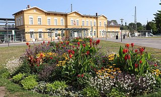 Da blüht noch was: Vor dem Bahnhof ist es in den Blumenbeeten bunt. Dem Rasen ist die Trockenheit indes anzusehen. - Marion Pokorra-Brockschmidt