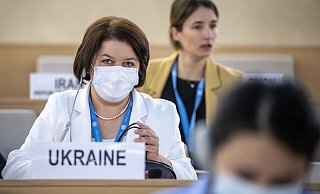Botschafterin der Ukraine Yevheniia Filipenko bei der Sondersitzung des Menschenrechtsrates am europäischen Hauptsitz der Vereinten Nationen. - Foto: Martial Trezzini/KEYSTONE/dpa