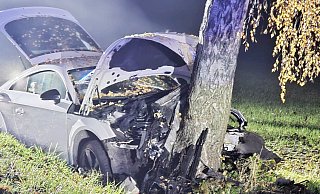 Schwere Verletzungen erlitt eine 33-jährige Autofahrerin, als sie am frühen Sonntagmorgen auf der B64 in Höhe Anreppen gegen einen Baum prallte. - Feuerwehr Delbrück