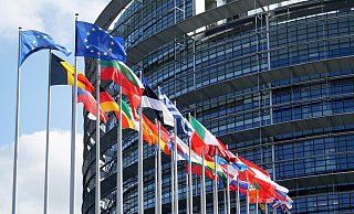 Vereinigtes Europa: Die Flaggen der EU-Länder vor dem Europäischen Parlament in Straßburg. - picture alliance / Daniel Kalker