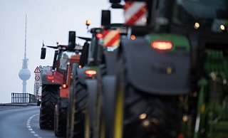 Traktoren fahren zu einer Protestdemonstration am Brandenburger Tor Richtung Innenstadt. Laut Polizei werden etwa 10.000 Teilnehmer und 5000 Fahrzeuge erwartet. - Sebastian Christoph Gollnow/dpa