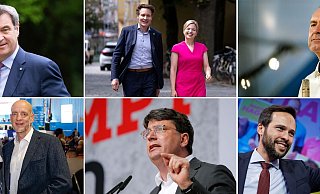 Markus Söder (CSU, oben l-r), Ludwig Hartmann und Katharina Schulze (Bündnis 90/Die Grünen), Hubert Aiwanger (Freie Wähler), Katrin Ebner-Steiner und Martin Böhm (AfD), Florian von Brunn (SPD) und Martin Hagen (FDP). - -/dpa