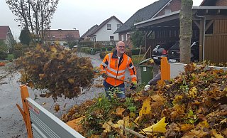 Mit Schwung räumt er auf: Nieheims Bürgermeister Johannes Schlütz kümmert sich gemeinsam mit Mitarbeitern des Bauhofs um die Laubmassen in der Neuen Siedlung in Sommersell.  - Madita Schellenberg