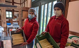 Kistenweise Königsgemüse: Carlotta Krumme und Kevin Baars verkaufen den Spargel im Hofladen. - David Knapp