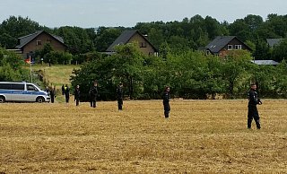 Eine Gruppe von Polizisten durchkämmt ein Feld in Schnathorst. - Michael Grundmeier