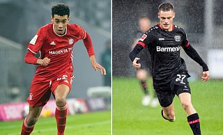 Sind erstmals beim A-Team von Bundestrainer Joachim Löw dabei: Bayern- Profi Jamal Musiala (l) und Leverkusens Florian Wirtz. - Foto: Matthias Balk/Tom Weller/dpa