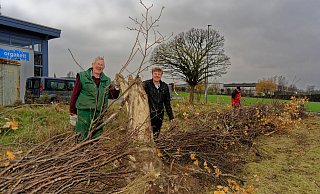 Manuel Heidbrink (r.) freut sich, dass Friedhelm Diebrok vom NABU und seine fünf Kollegen sich um den Neuaufbau der Hecke auf seinem Grundstück kümmern. - Andreas Sundermeier