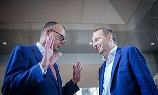 CDU-Chef Friedrich Merz gratuliert seinem Parteikollegen Thomas Heilmann. Der Bundestagsabgeordnete hatte den Antrag auf eine einstweilige Anordnung gestellt. - Kay Nietfeld/dpa
