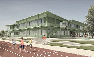 So soll die Grundschule nach aktuellem Stand aussehen. Die Architekten planen einen quadratischen, zweigeschossigen Holzbau. In Zentrum soll sich die Aula befinden. Ziel sei es, einen Neubau zu schaffen, in dem die Schülerinnen und Schüler eine moderne und zukunftssichere Lernumgebung haben. - BAYER & STROBEL ARCHITEKTEN