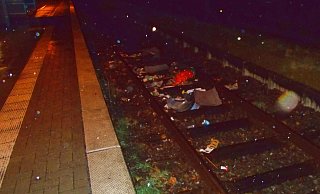 Die Täter warfen den Mülleimer auf das Gleisbett des Bahnhofs Lübbecke. Eine Regionalbahn konnte nicht mehr bremsen und erfasste diesen. - Polizei Minden-Lübbecke