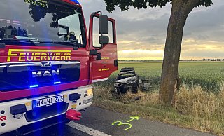 Der Saab prallte auf der Bundesstraße 252 gegen einen Baum und schleuderte dann ins Feld bevor er Feuer fing. - Feuerwehr Willebadessen