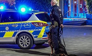 Die beiden zunächst flüchtigen Täter wurden am Kesselbrink festgenommen. Der Polizeihund sucht nach der Tatwaffe. - Paul Brinkmann