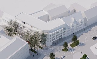 Der Neubau füllt den Winkel von Strenger- und Kaiserstraße. Der Haupteingang zur Post wird direkt an der Ecke liegen.