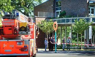 Da oben sitzen sie: Die Feuerwehr sichtet das Raupennest in etwa zehn Meter Höhe auf dem Schulhof der JKG. Foto: Andreas Frücht - Andreas Frücht