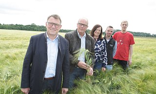 Kreisgeschäftsführer Stefan Berens (v. l.), Pflanzenbauberater Ferdinand Falke, Kreislandwirtin Susanne Mönnikes, Birger Ridder (Teamleiter Pflanzenbau), und Kai Günther (Berater der Wasserkooperation Paderborn) haben die Wintergerste bei Elsen begutachtet. - Uwe Müller Kreisgeschäftsführer Stefan Berens (v. l.), Pflanzenbauberater Ferdinand Falke, Kreislandwirtin Susanne Mönnikes, Birger Ridder (Teamleiter Pflanzenbau), und Kai Günther (Berater der Wasserkooperation Paderborn) haben die Wintergerste bei Elsen begutachtet. - Uwe Müller