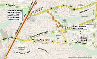 Der Bus würde auf dem Rückweg vom Klinikum die Straßen Am Hundebach, An der None und Ortsieker Weg nicht mehr befahren. - Stadt Herford/Schultheiß