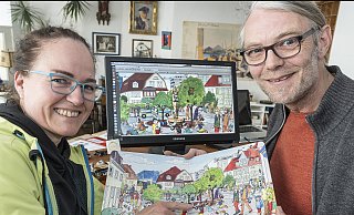 Grafikerin Brigitte Kuka und Verleger Roland Siekmann präsentieren die Neuauflagen des Arminia-Wimmelbuchs. - Jörg Dieckmann Grafikerin Brigitte Kuka und Verleger Roland Siekmann präsentieren die Neuauflagen des Arminia-Wimmelbuchs. - Jörg Dieckmann