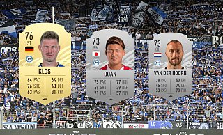 Fabian Klos, Ritsu Doan und Mike van der Hoorn zählen nicht nur auf dem echten Rasen, sondern auch virtuell zu den Leistungsträgern bei Arminia Bielefeld in der bald erscheinenden Simulation "FIFA 21". - Foto: Wolfgang Rudolf, Spielerkarten: Futbin.com, Montage: Ahlers