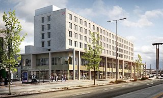 Dieser aktuelle Entwurf zeigt den künftigen neuen Paderborner Hauptbahnhof. - Visualisierung PB 1/Bremer AG