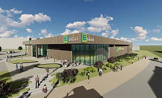 Eine Fassade mit Holzverkleidung und großzügigen Glasfronten kennzeichnet den Entwurf für den Edeka-Markt an der Detmolder Straße. - Edeka Minden-Hannover