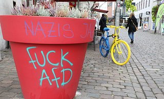 An rund einem Dutzend Stellen in der Höxteraner Innenstadt sind die Graffitti-Schmierereien aufgetaucht. - Simone Flörke