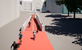 Bereits 2021 hatte der Radentscheid eine Radstation im Bunker unter dem Bahnhofsplatz mit Zufahrt-Rampe vorgeschlagen (Entwurf). - Radentscheid Bielefeld
