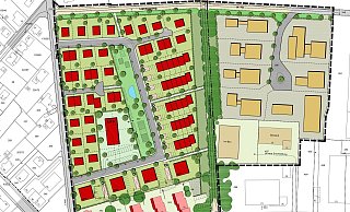 Das Wohngebiet (rot) ist östlich des Sieler Weges geplant. Der Grünzug in der Mitte trennt Wohngebiet (links) vom geplanten Gewerbegebiet (rechts, gelb). - Stadt Enger/Tischmann Loh Stadtplaner PartGmbH