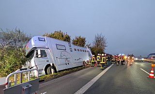 Kurz vor dem Parkplatz „Letzter Heller“ ist ein Pferdetransporter aus ungeklärter Ursache in den Graben gerutscht. - Freiwillige Feuerwehr Borchen