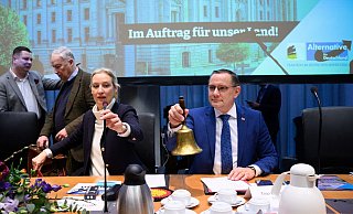 Die Fraktionschefs Alice Weidel und Tino Chrupalla eröffnen die erste AfD-Fraktionssitzung nach der Bundestagswahl. - Bernd von Jutrczenka/dpa Die Fraktionschefs Alice Weidel und Tino Chrupalla eröffnen die erste AfD-Fraktionssitzung nach der Bundestagswahl. - Bernd von Jutrczenka/dpa