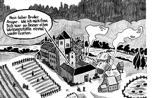 Das Kloster ist im 9. Jahrhundert noch wesentlich kleiner als jetzt. Das Gerüst zeigt die Baustelle des Westwerks. Tatsächlich wurde die heutige Welterbe-Stätte jedoch einige Jahrzehnte später errichtet. - Zeichnung: Jens Natter