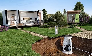 Druckentwässerungssysteme ermöglichen Tiny Houses den Anschluss an entfernte öffentliche Abwasser-Kanalsysteme. Ein Unternehmen aus dem Kreis Gütersloh ist Experte in diesem Bereich. - Jung Pumpen