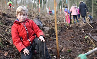 Laborschüler Mio Wegehenkel hockt neben einem von ihm frisch eingepflanzten Baum. - Andrea Marten