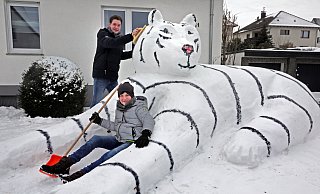 Fabian und Finn Sumfleth aus Schweicheln haben zusammen mit ihrem Vater Andreas im Vorgarten einen Sibirischen Tiger aus Schnee gebaut. - Frank-Michael-Kiel-Steinkamp