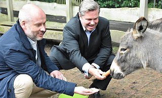 Sieghard Schöneberg und Tim Kähler füttern Eselchen Tim. - Stadt Herford