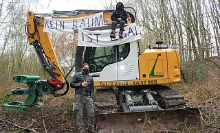 Damit die Rodungsarbeiten nicht beginnen konnten, haben Aktivisten am frühen Morgen Bagger und Bäume besetzt. - Anastasia von Fugler