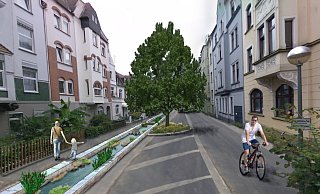 In einer Betonrinne soll die offene Lutter durch die Ravensberger Straße fließen. - Fotomontage: Büro Sönnichsen und Partner, Bildgrundlage: Google Street View