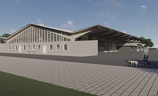 Die markante Dachform der Ostwestfalenhalle bleibt erhalten. Die WC-Anlage und die Elektro-Verteilstation vor der Halle soll abgerissen werden. - Architektur-Werk-Stadt