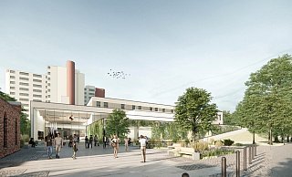 So sieht der künftige Eingangsbereich des Klinikums Mitte an der Teutoburger Straße aus. - Klinikum MItte