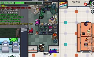 Eine typische Spielszene bei "Among Us": Zwei Imposter haben bereits zwei Crewmitgliedern gleichzeitig den Garaus gemacht. Diese schweben nun als Geister über das Schiff. - Screenshot: Sebastian Beeg/Steam