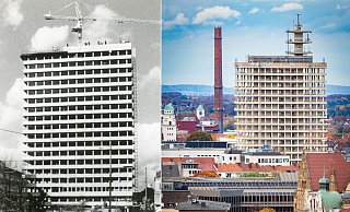 1971 ist das Fernmeldehochhaus fast fertig (links). Ein Gerippe ist das Telekomhochhaus derzeit (rechts) – der Koloss wurde von Eigentümer Goldbeck entkernt. - Stadtarchiv Bielefeld/Mike-Dennis Müller