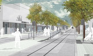 So sieht der Hochbahnsteig am Standort „östlich Germanenstraße" im Verlauf der Hauptstraße in einem ersten Entwurf aus. - Scape Landschaftsarchitekten GmbH
