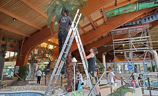 Bühnenmalerin Tamke Oltmanns und Bühnenplastiker Pep Ferrandis ersetzen die Palmwedel der künstlichen Palmen. - Frank-Michael Kiel-Steinkamp