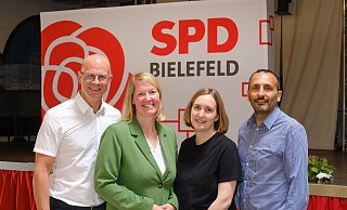 Die Führungsmannschaft der Bielefelder SPD: (v.l.) Vize Ingo Nürnberger, Vorsitzende Wiebke Esdar, Stellvertreterin Greta Maurer und Schatzmeister Riza Öztürk - Andreas Zobe
