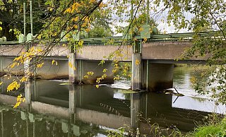 Wie hier am Greffener Ems-Stauwerk Neue Mühle soll das Wasser ab 2025 ungehindert fließen. Aktuell ist der Staueffekt dank der Niederschläge der vergangenen Tage minimal. Doch in trockenen Sommern hängt für die Landwirte viel vom Zurückhalten des Emswassers für die Felderbewirtschaftung ab. - Burkhard Hoeltzenbein